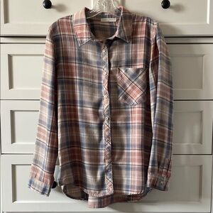 Stitch&Feather Plaid Oversized Fall Flannel Button Down Shirt Neutral Blue/Pink